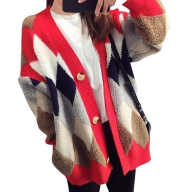 Fluffy Diamond Pattern Casual Women's Cardigan: Bold geometric prints with a tufted texture from NSE Imports #1.